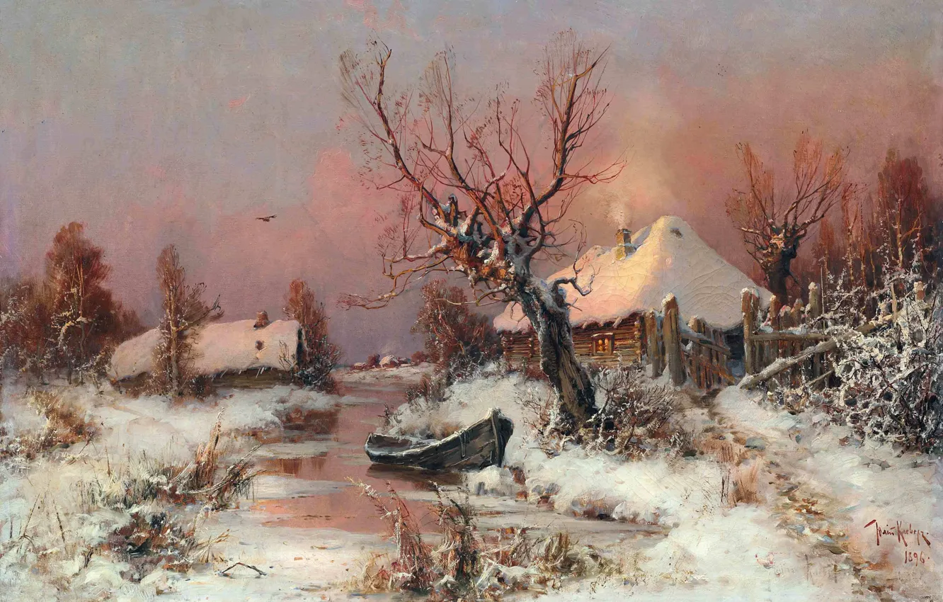 Фото обои зима, небо, свет, снег, дом, река, дерево, птица, лодка, забор, деревня, изба, Юлий Юльевич Клевер, …