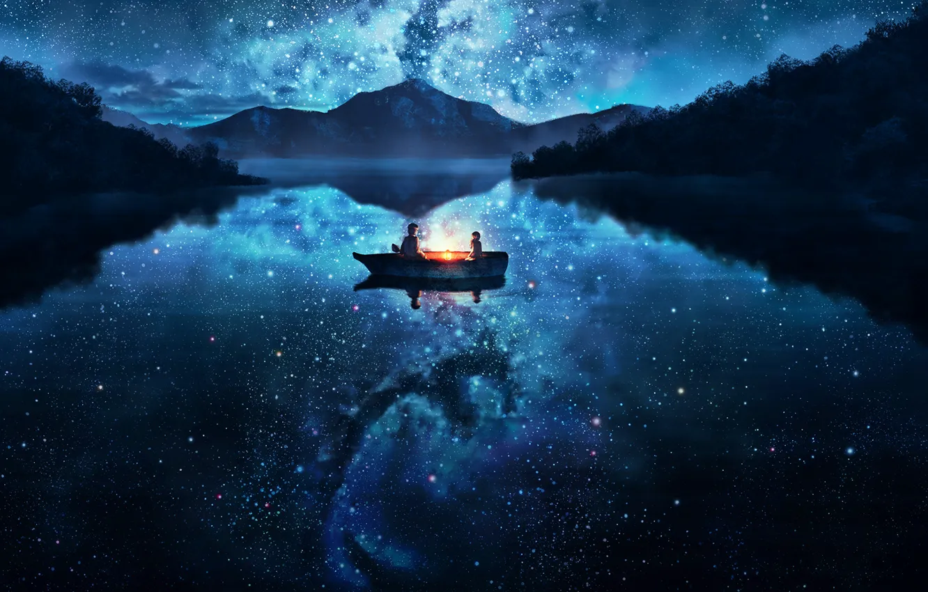 Фото обои небо, вода, девушка, звезды, деревья, горы, ночь, природа, озеро, отражение, лодка, аниме, арт, парень, двое, …