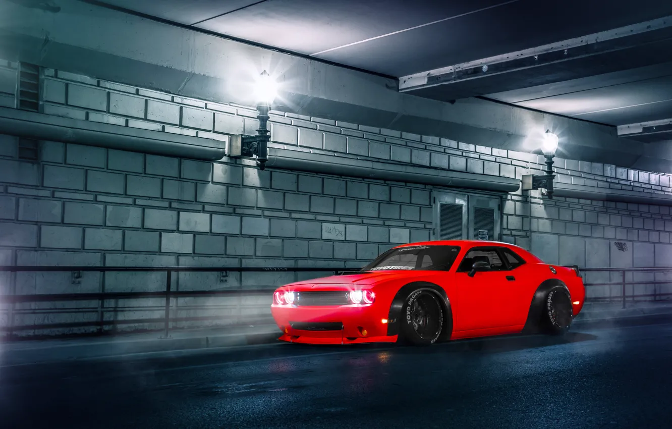 Фото обои Dodge, Challenger, Red, Car, Body, Front, Street, SRT, Stance, Wide