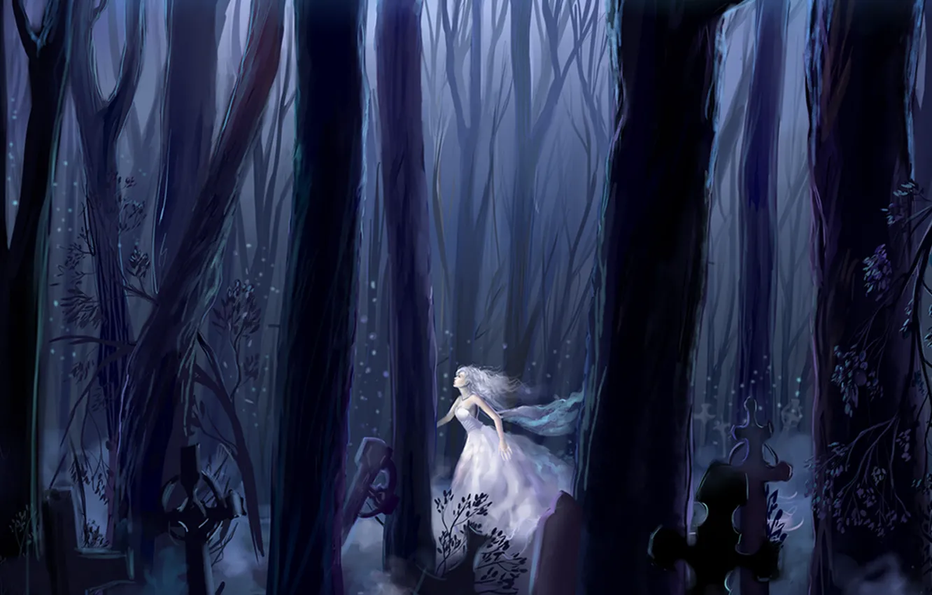 Фото обои лес, ночь, кладбище, невеста, Призрак, потустороннее