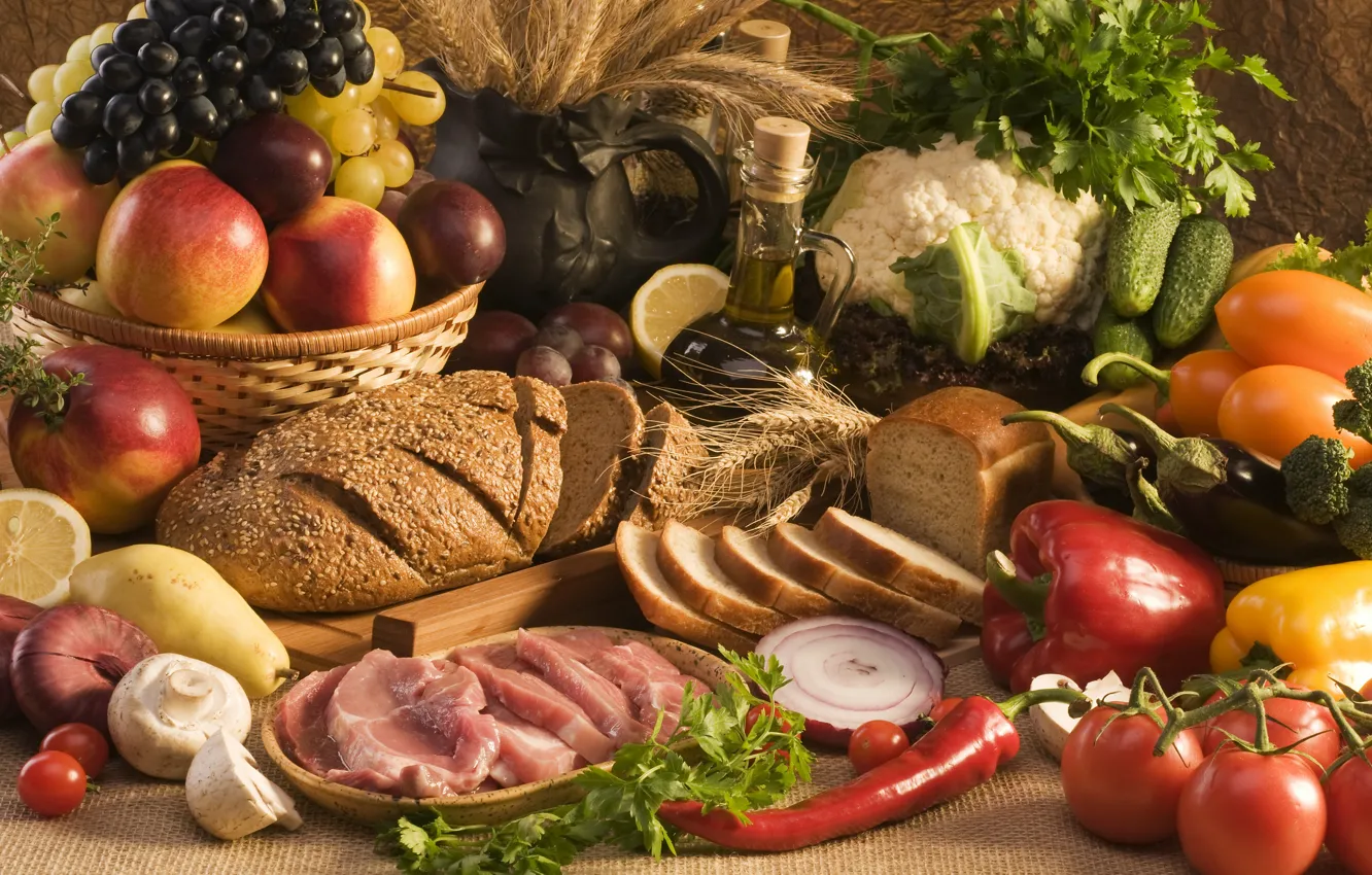 Обои зелень, масло, хлеб, мясо, фрукты, овощи картинки на рабочий стол,  раздел еда - скачать