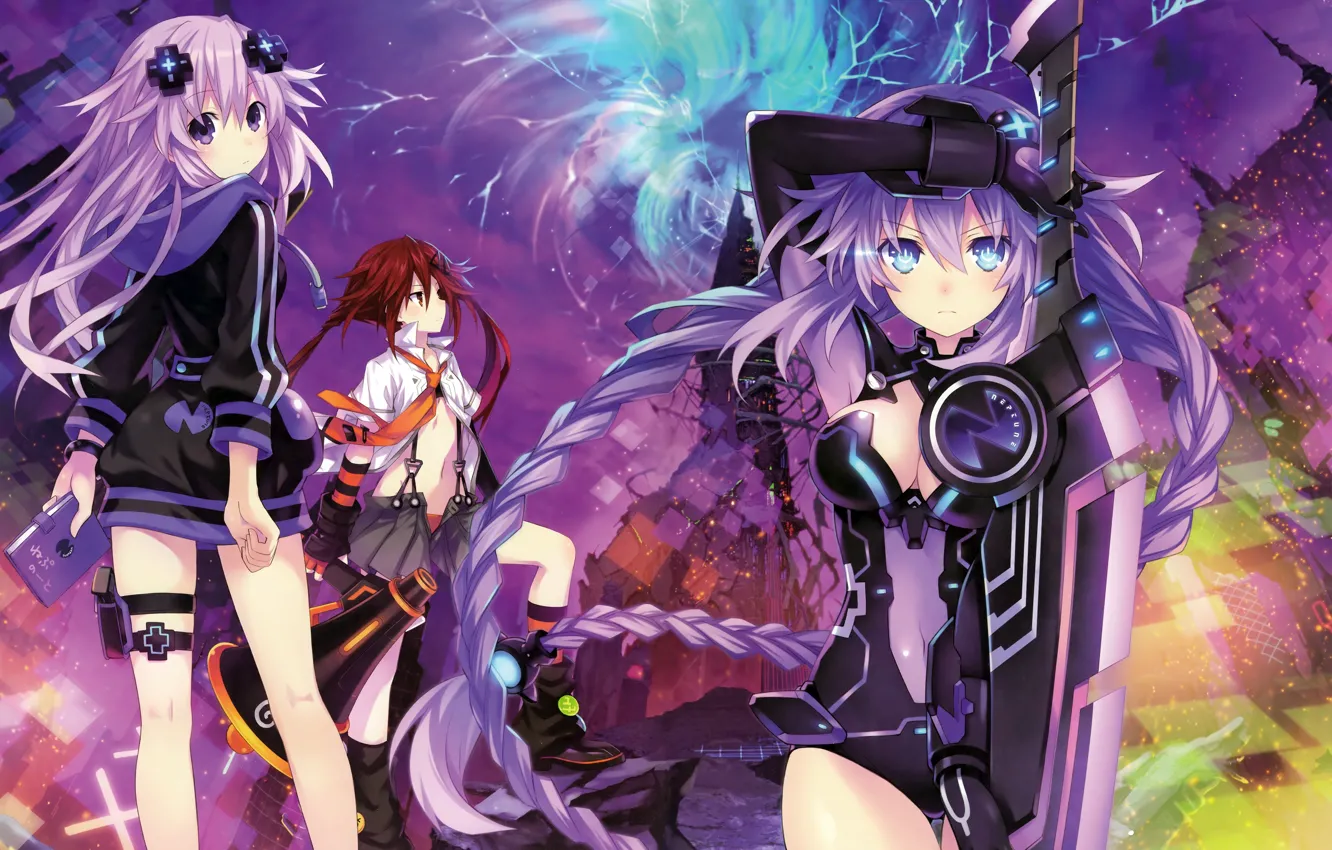 Фото обои оружие, девушки, магия, меч, аниме, арт, громкоговоритель, tsunako, hyperdimension neptunia, purple heart, neptune, tennouboshi uzume