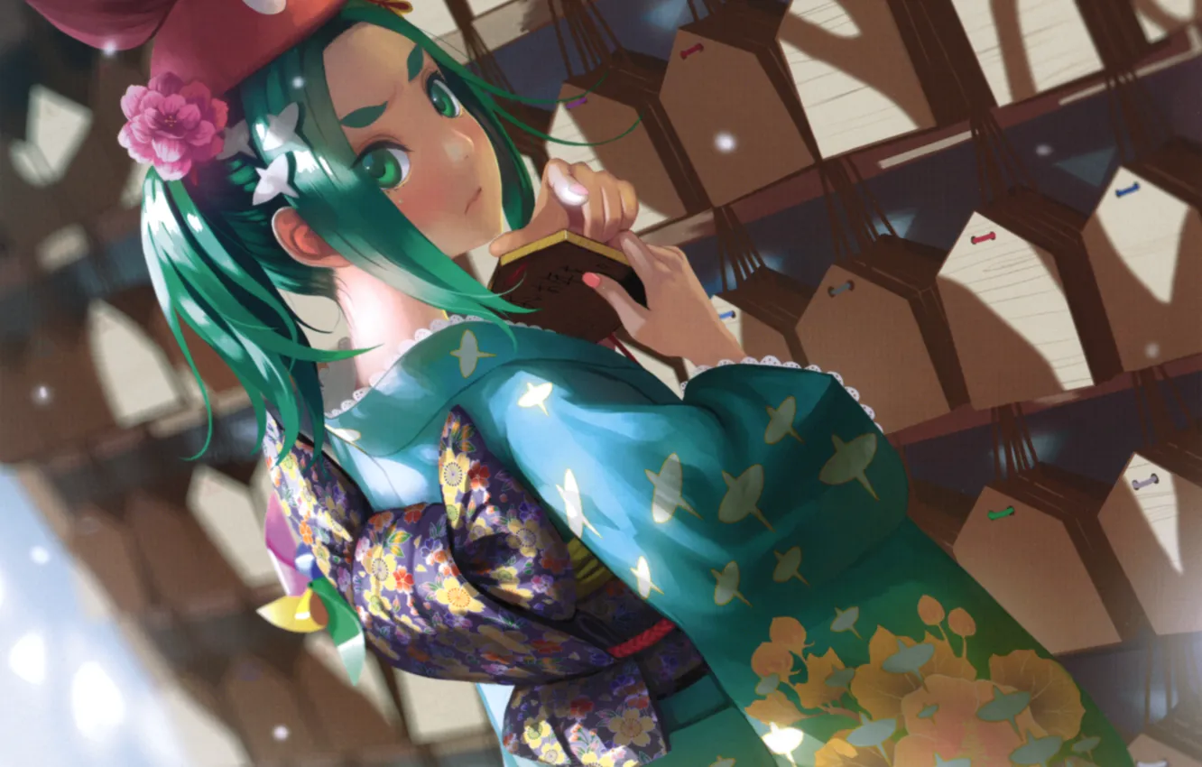 Фото обои вертушка, таблички, прическа, кимоно, зеленые волосы, Bakemonogatari, Истории чудовищ, Yotsugi Ononoki, by Vofan
