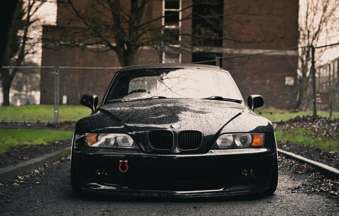 Фото обои мокрый, черный, BMW, спереди, передок