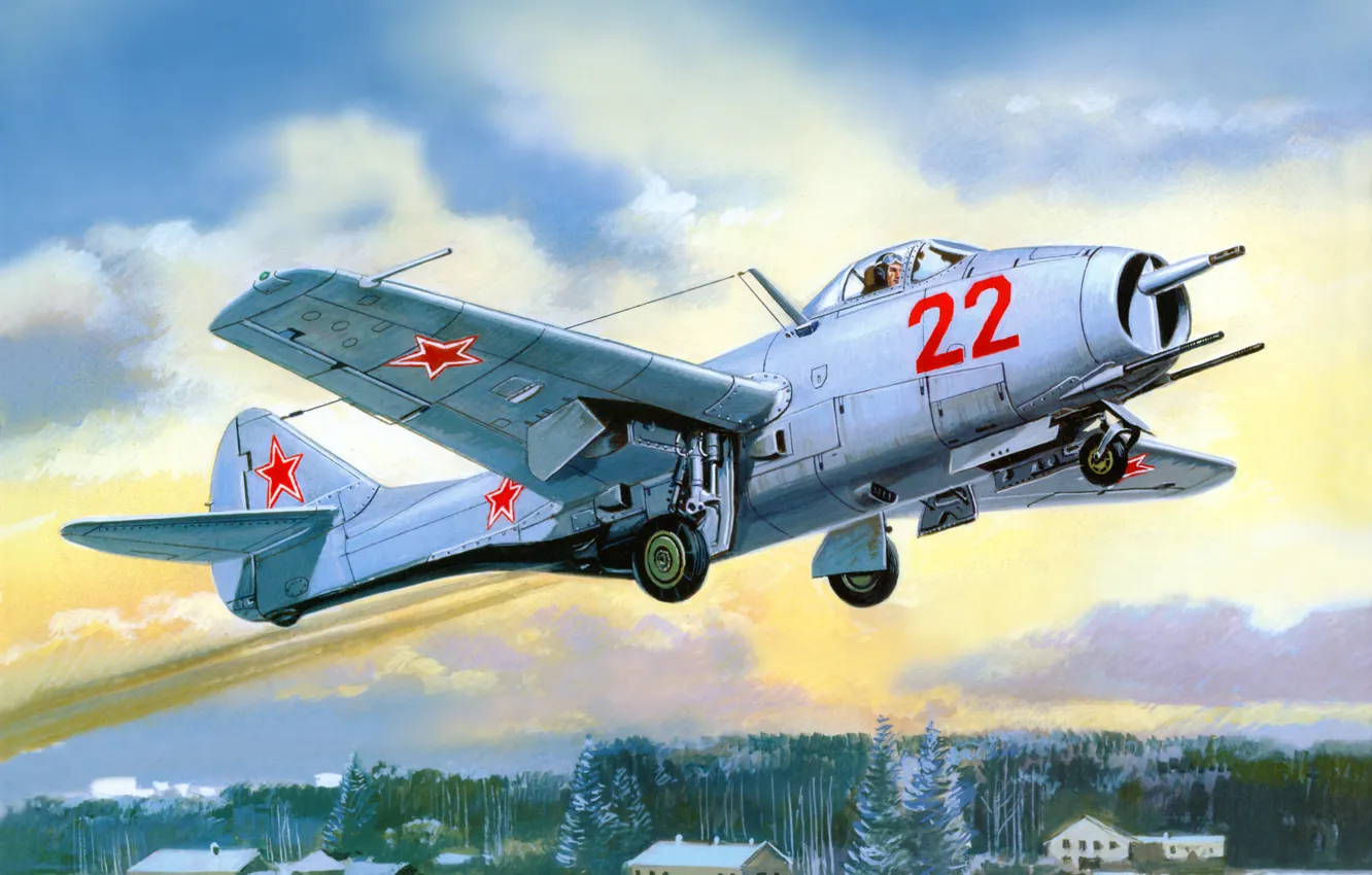 Фото обои Истребитель, Арт, Советский, Первый, МиГ-9, Fargo, Турбореактивный