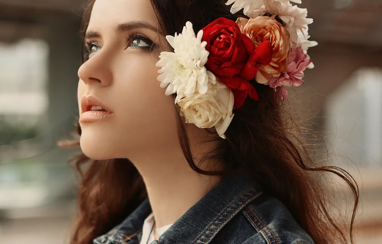 Фото обои взгляд, девушка, цветы, лицо, красота