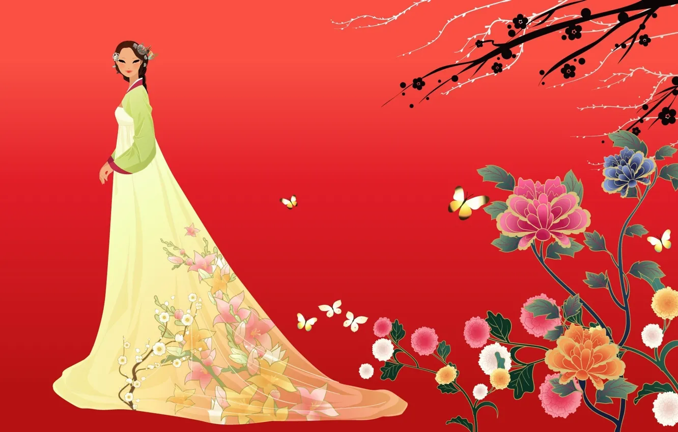 Фото обои девушка, цветы, бабочка, арт, азиатка, ханбок