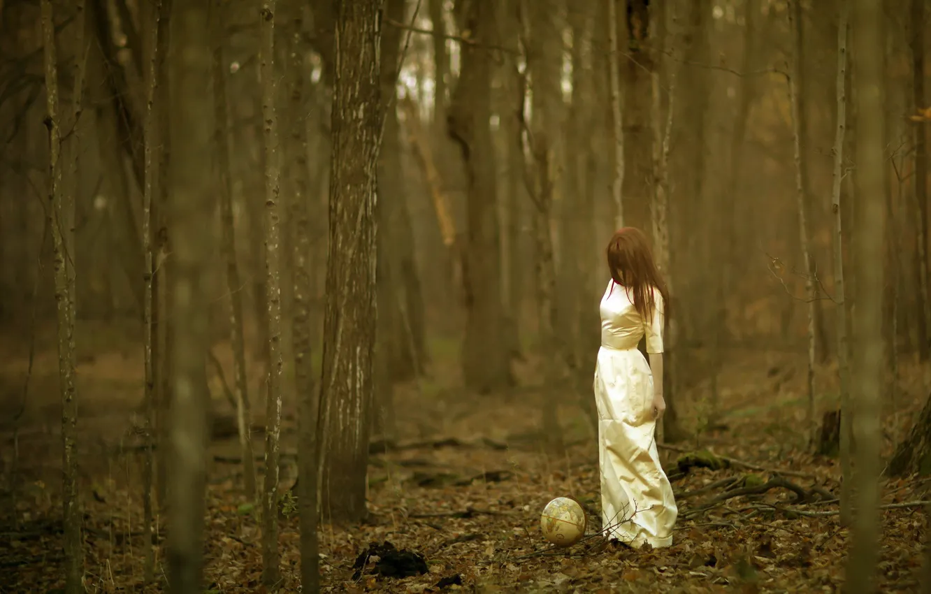 Фото обои лес, девушка, глобус