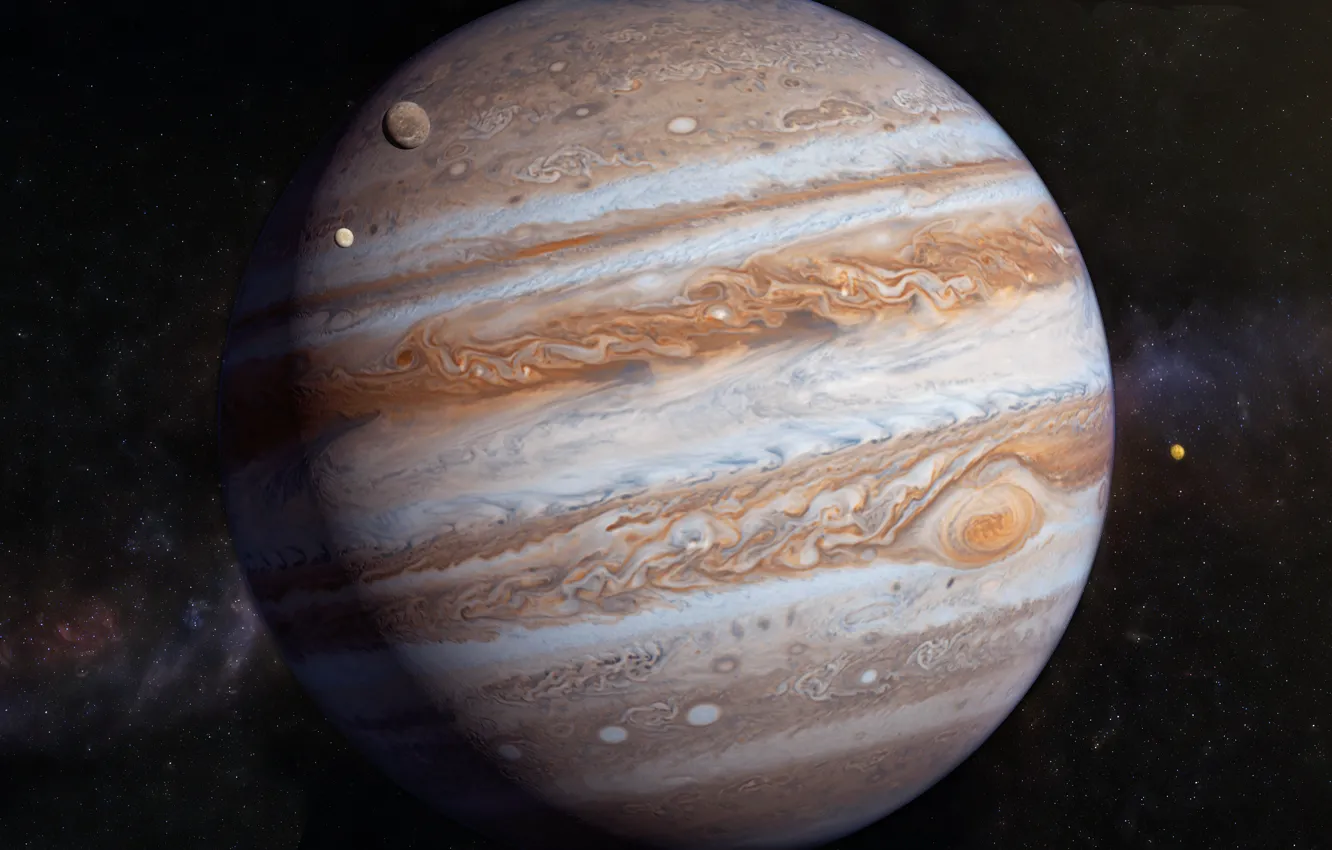 Фото обои звёзды, юпитер, солнечная система, спутники, газовый гигант