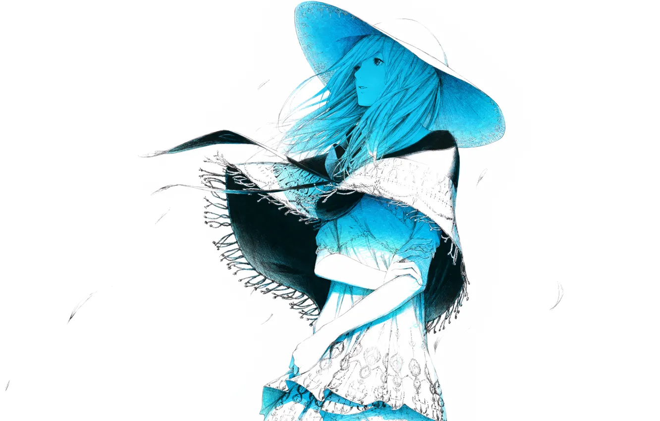 Фото обои ветер, голубой, Девушка, минимализм, шляпа, лепестки, art, Sawasawa