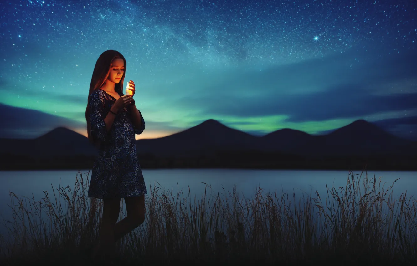 Фото обои lights, girl, grass, dress, night, mountains, lake, stars, candle...