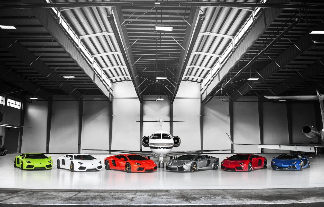 Фото обои Lamborghini, Самолет, Orange, Red, Blue, Green, White, LP700-4, Aventador, Supercars, Silver, Суперкары, Plane