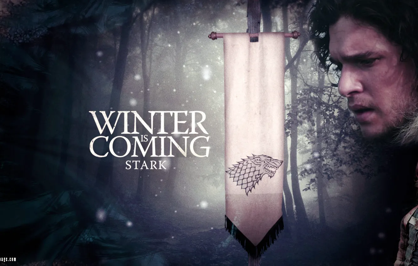 Фото обои зима, снег, волк, флаг, девиз, Game of Thrones, Игра престолов, Джон Сноу, Бран, Старк