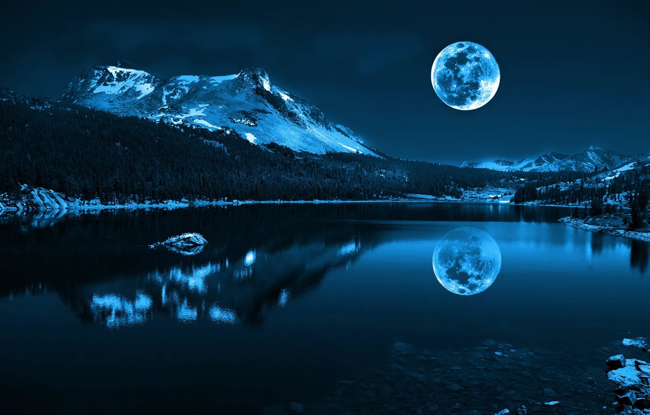 Фото обои море, вода, снег, пейзаж, горы, природа, отражение, река, камни, луна, блеск, вечер, прохлада