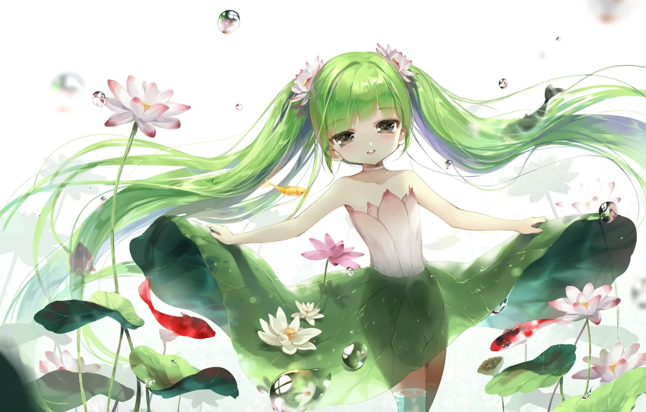 Фото обои листья, рыбки, пузыри, фея, лотос, Водяная, зеленые волосы, нимфа