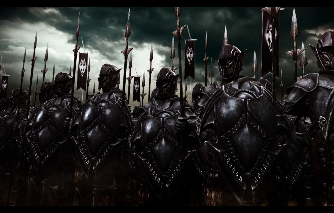 Фото обои армия, арт, воины, строй, Skyrim, The Elder Scrolls, Скайрим, Дре...