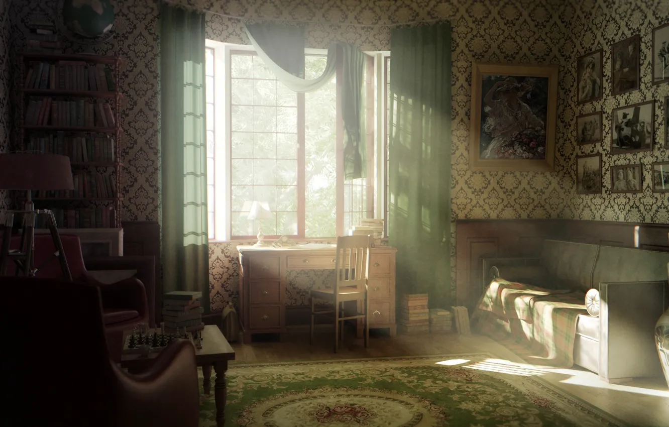 Фото обои старина, комната, интерьер, окно, солнечные лучи, рендер