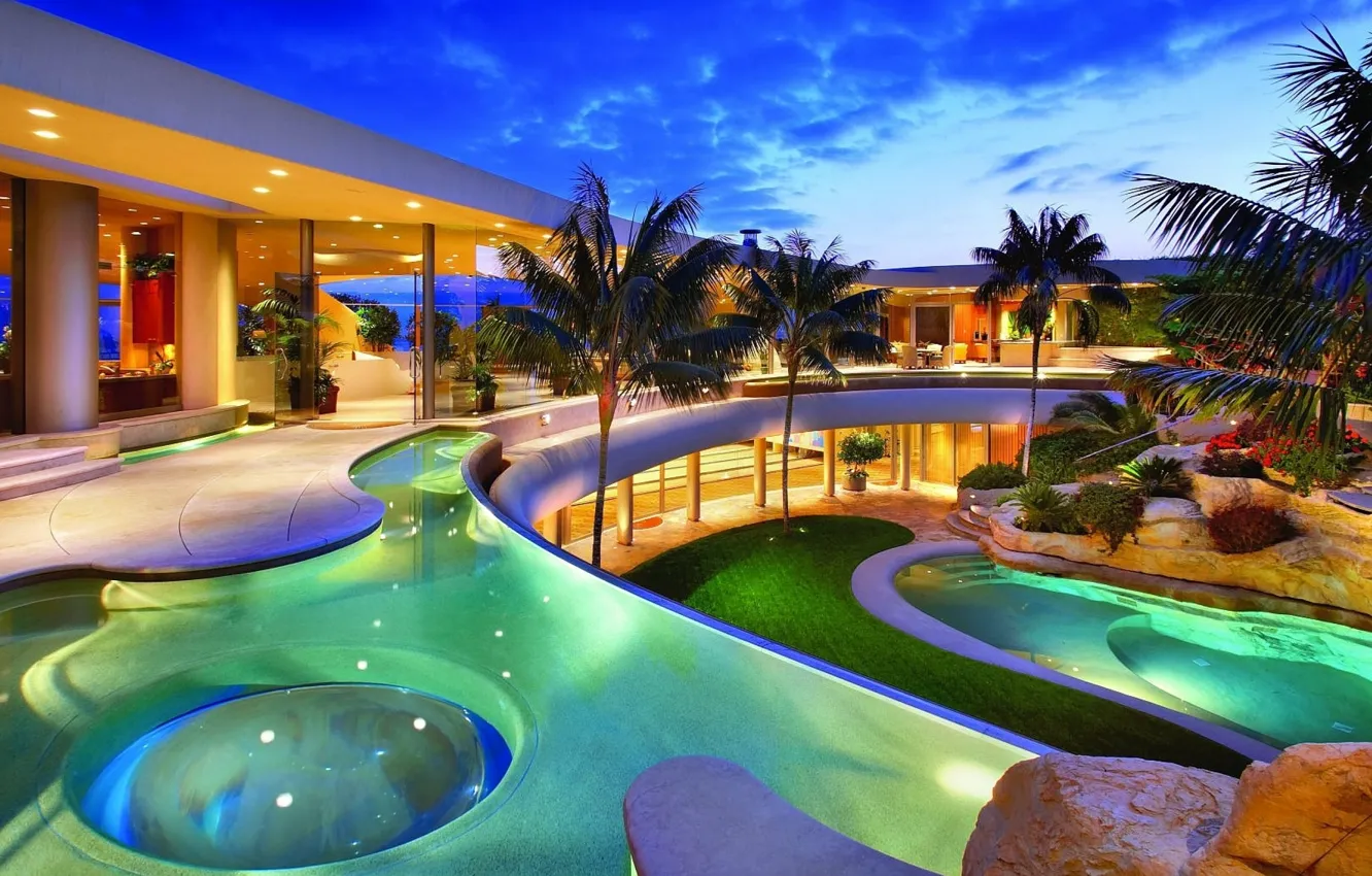 Фото обои дом, пальмы, вилла, бассейн, камни., pool, villa, экстерьер, desigen, exterior, hous, hoome