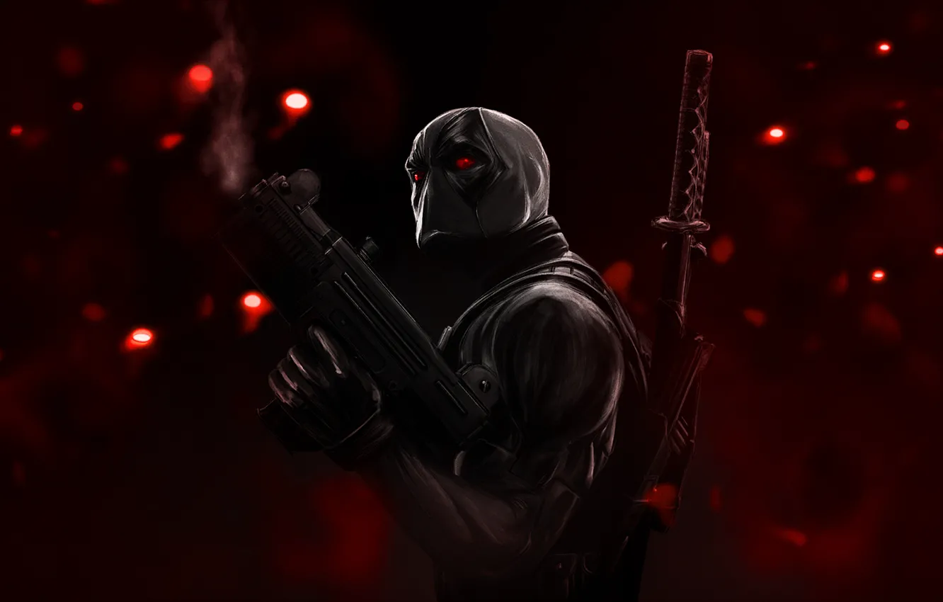 Фото обои блики, оружие, катана, маска, красные глаза, красный фон, Deadpool