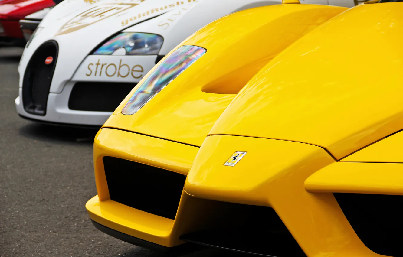 Фото обои белый, желтый, veyron, Ferrari, bugatti, white, феррари, бугатти, enzo, yellow, суперкары, supercars