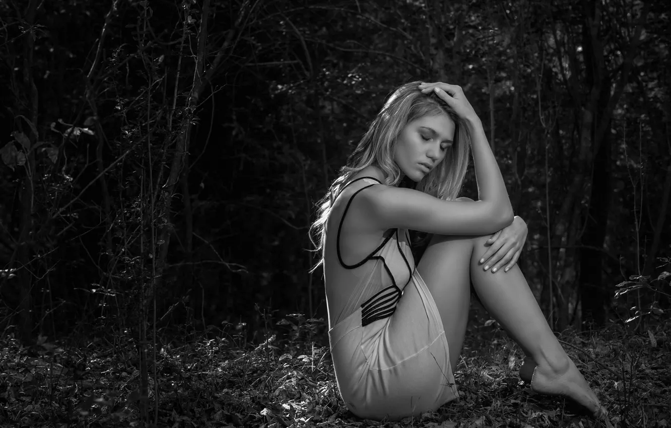 Фото обои грусть, лес, девушка, поза, настроение, ноги, черно-белое