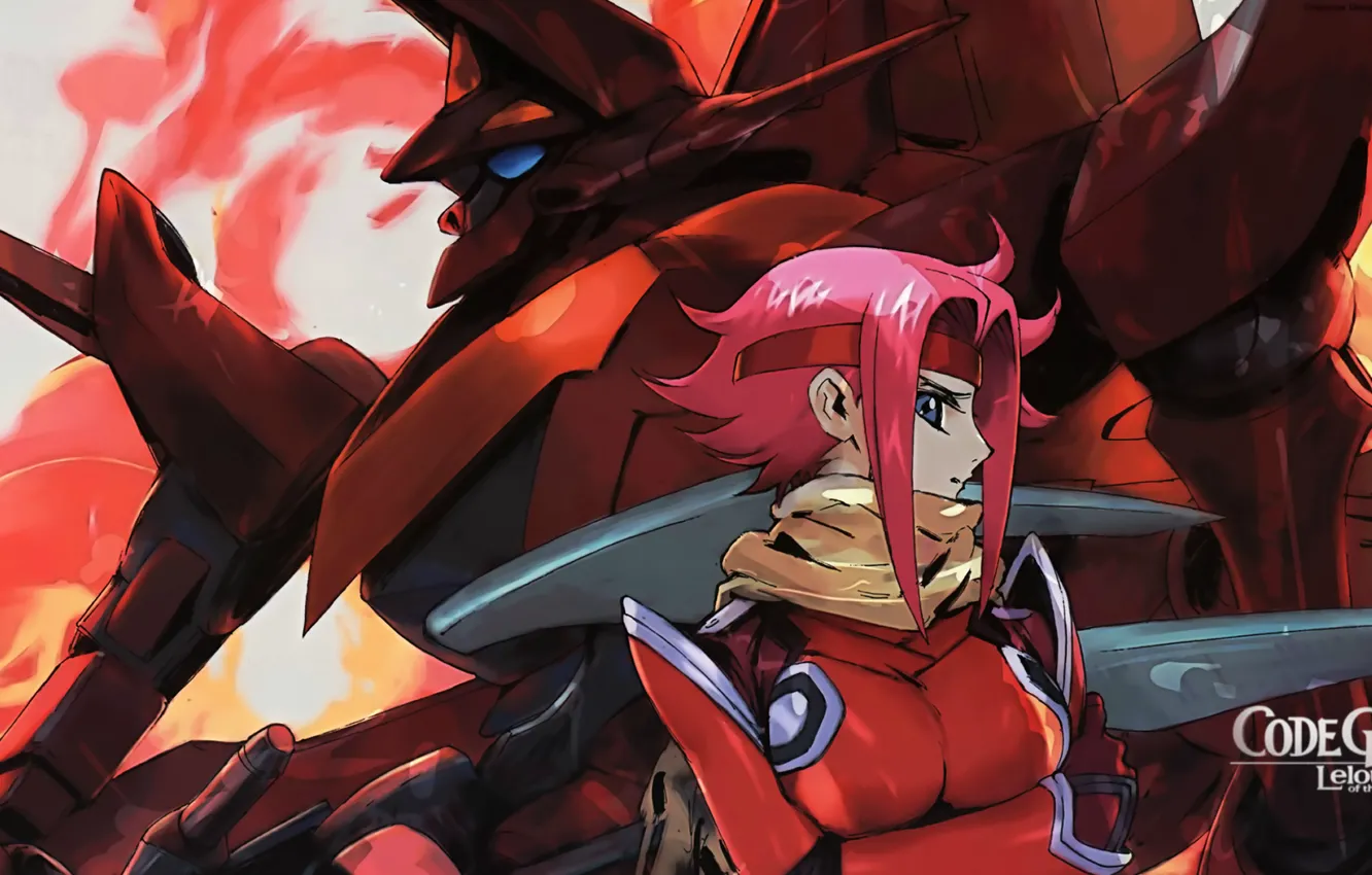 Фото обои пламя, шарф, code geass, красные волосы, боевой робот, takahiro himura, kallen kozuki