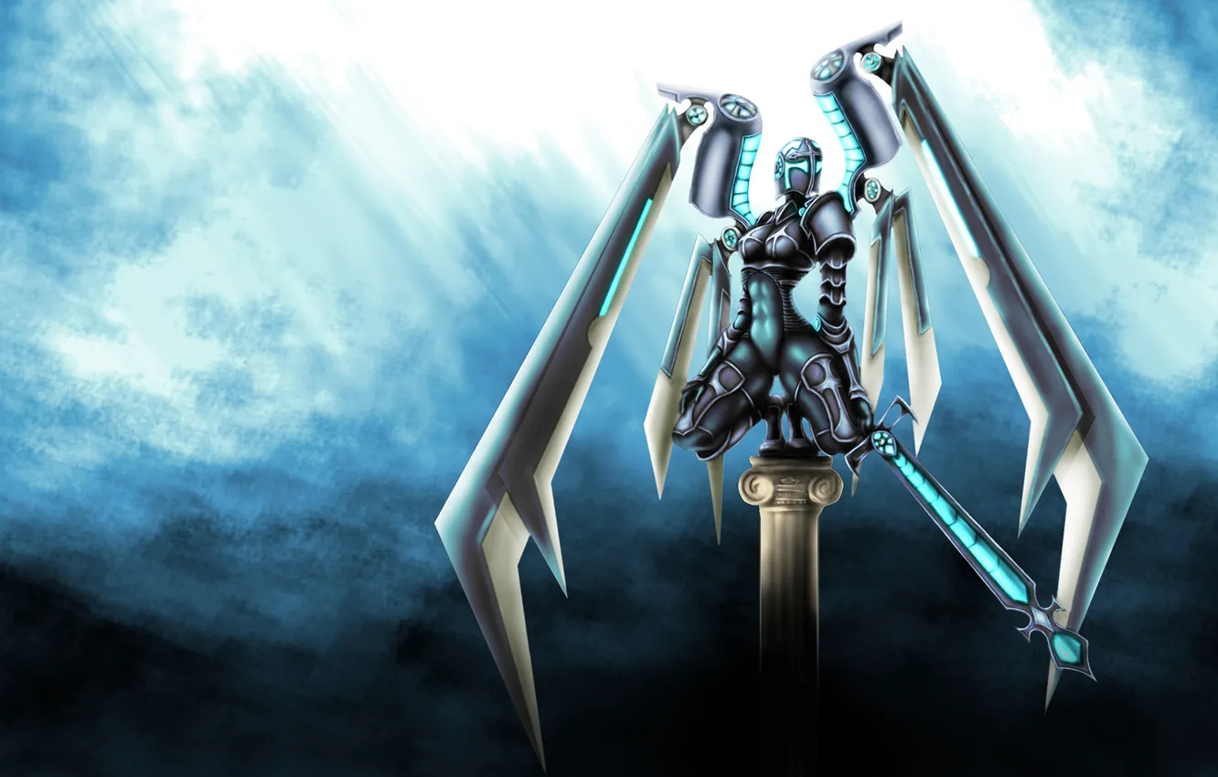Фото обои оружие, фон, робот, крылья, меч, арт, киборг, фантатика