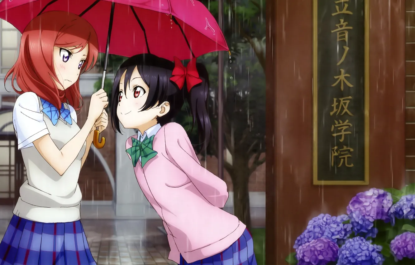Фото обои девушки, дождь, зонт, аниме, арт, школьницы, yazawa nico, love li...
