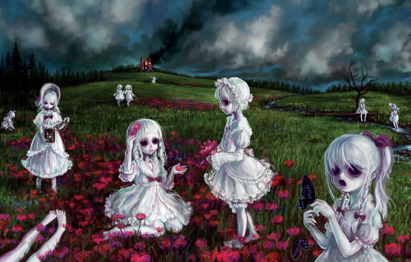 Фото обои пожар, дым, куклы, монстры, зомби, призраки, нежить, проклятое место, Picnic at Smoki Hill, by Hiroyuki …