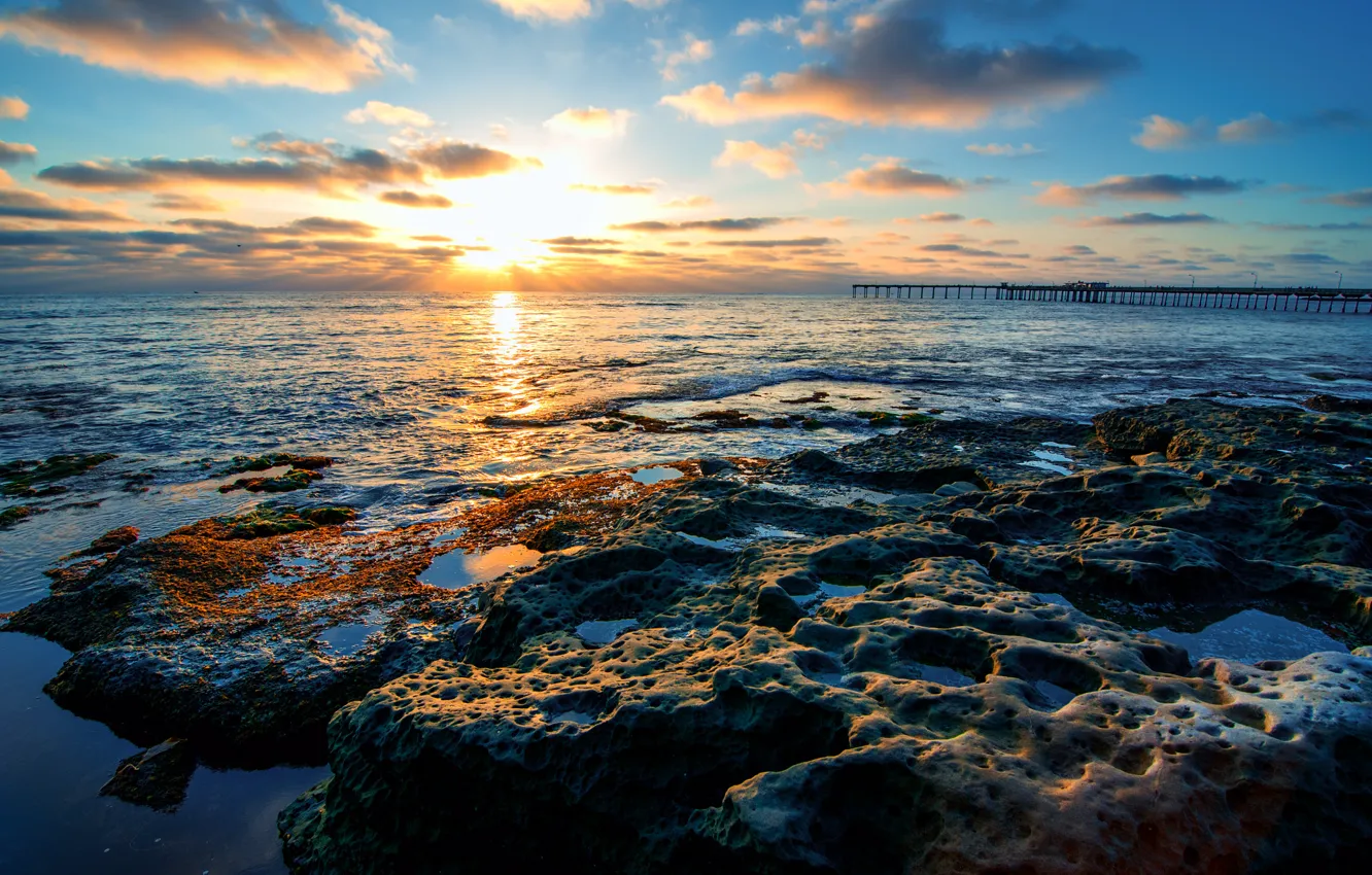 Фото обои небо, солнце, облака, Природа, Калифорния, USA, США, San Diego, Сан-Диего, береговая линия, Ocean Beach shoreline