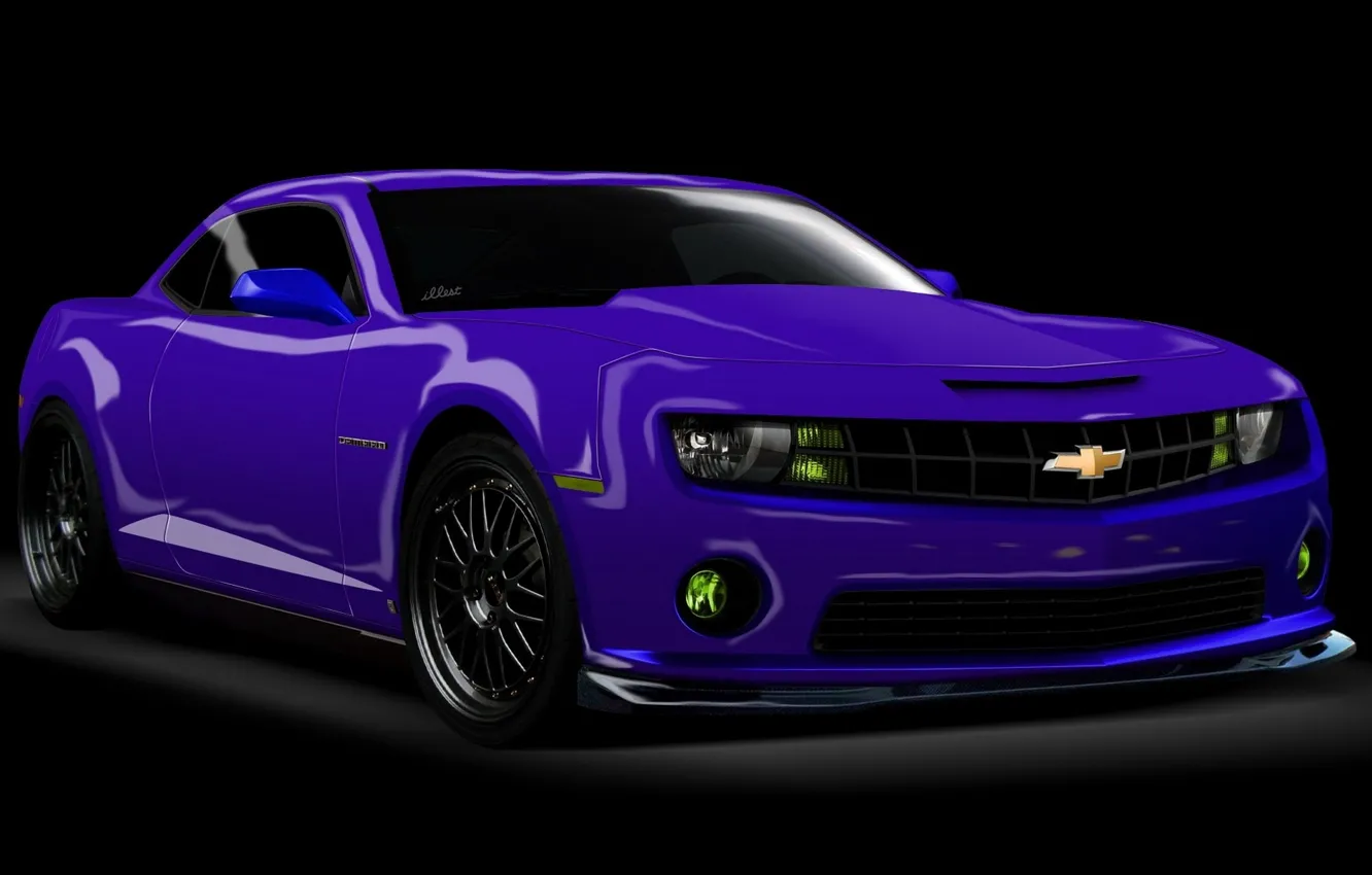 Фото обои Chevrolet Camaro, Рендеринг, на черном фоне, фиолетовый авто, картинка 3D