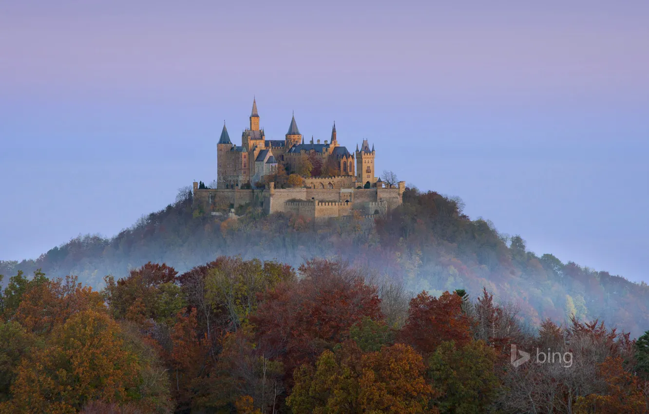 Фото обои осень, лес, небо, деревья, гора, Германия, замок Гогенцоллерн