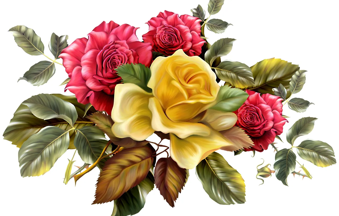 Фото обои листья, цветы, фон, розы, букет, желтые, шипы, красные