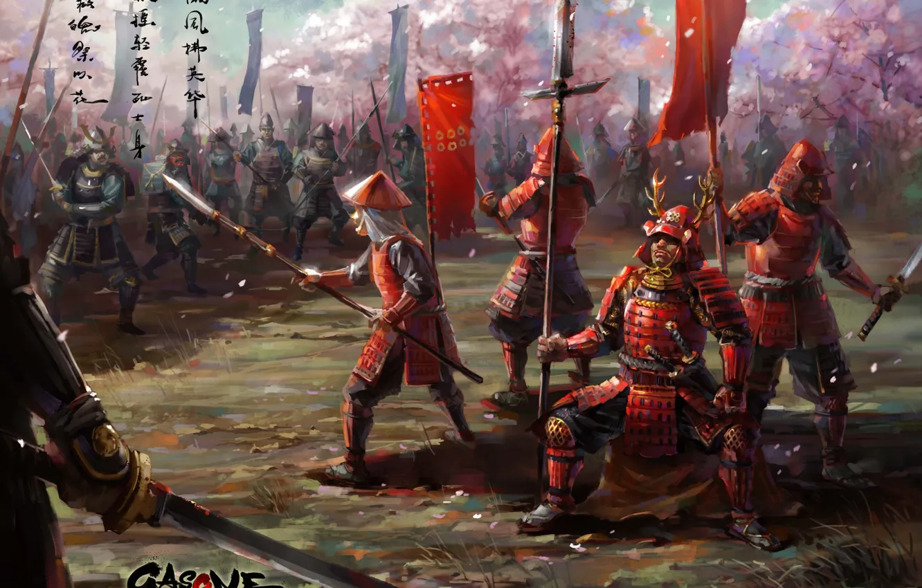 Фото обои оружие, азия, меч, катана, армия, арт, копье, броня, войско, знамя, самураи