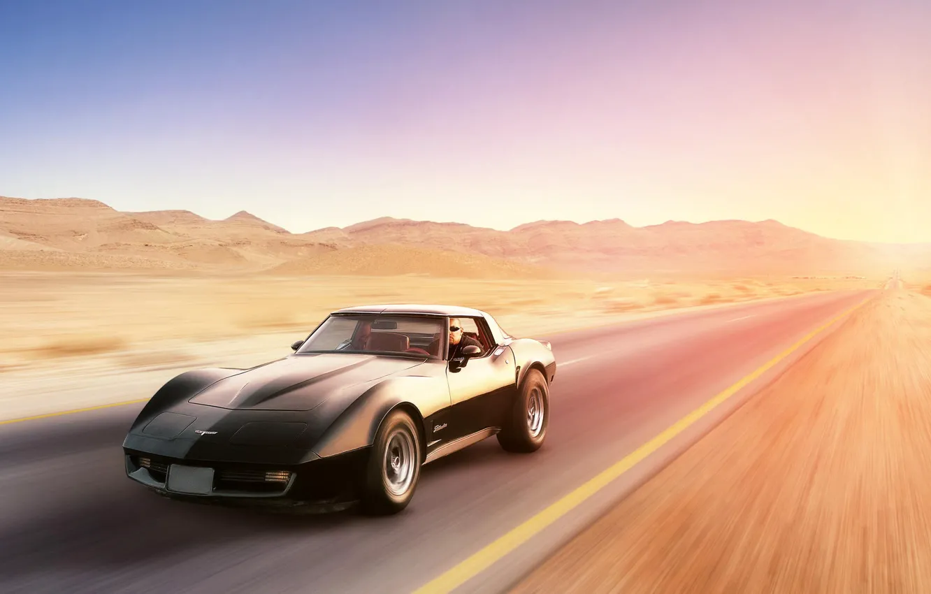 Фото обои чёрный, пустыня, скорость, Corvette, Chevrolet, шевроле, black, desert, front, корвет, Stingray, стингрей