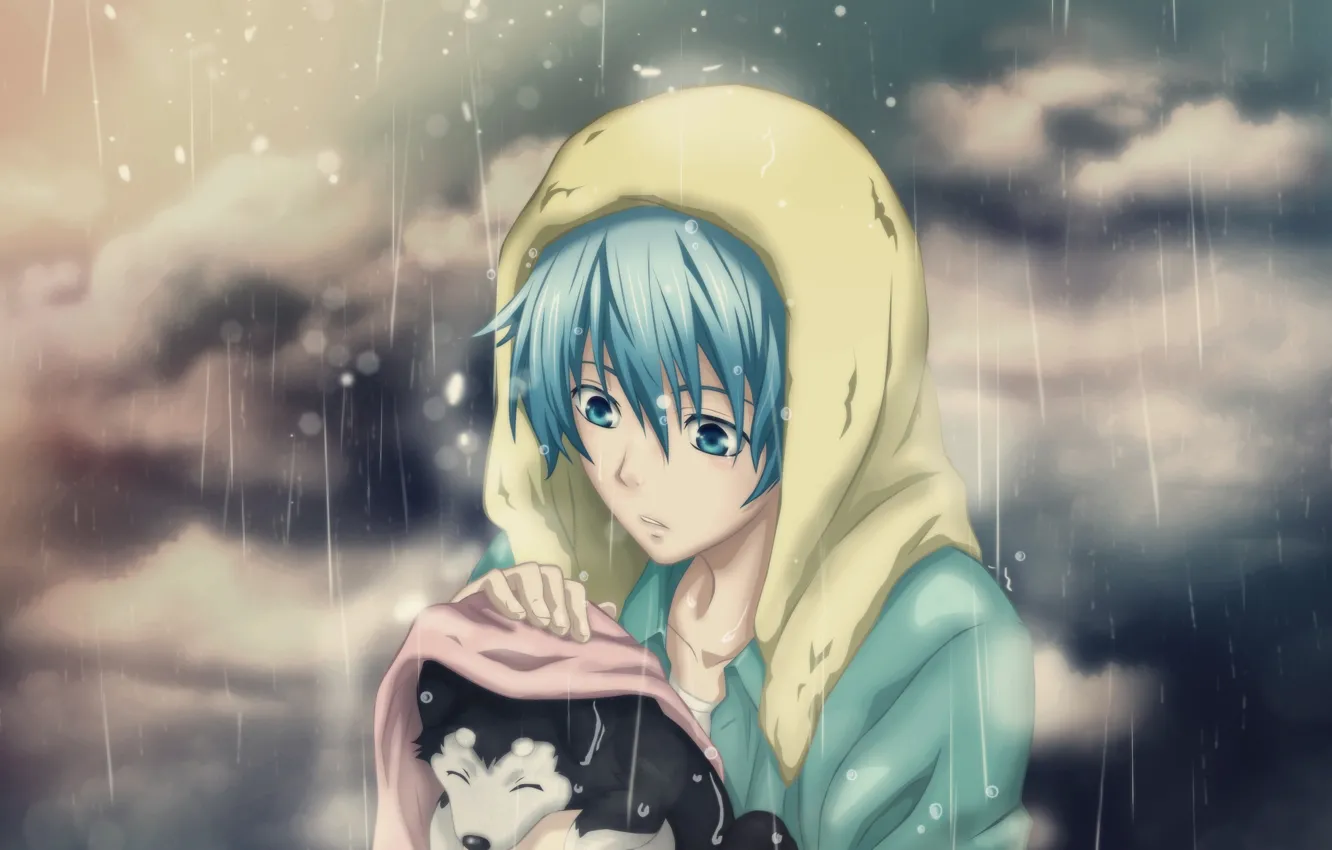 Фото обои грусть, дождь, настроение, собака, аниме, щенок, парень, забота