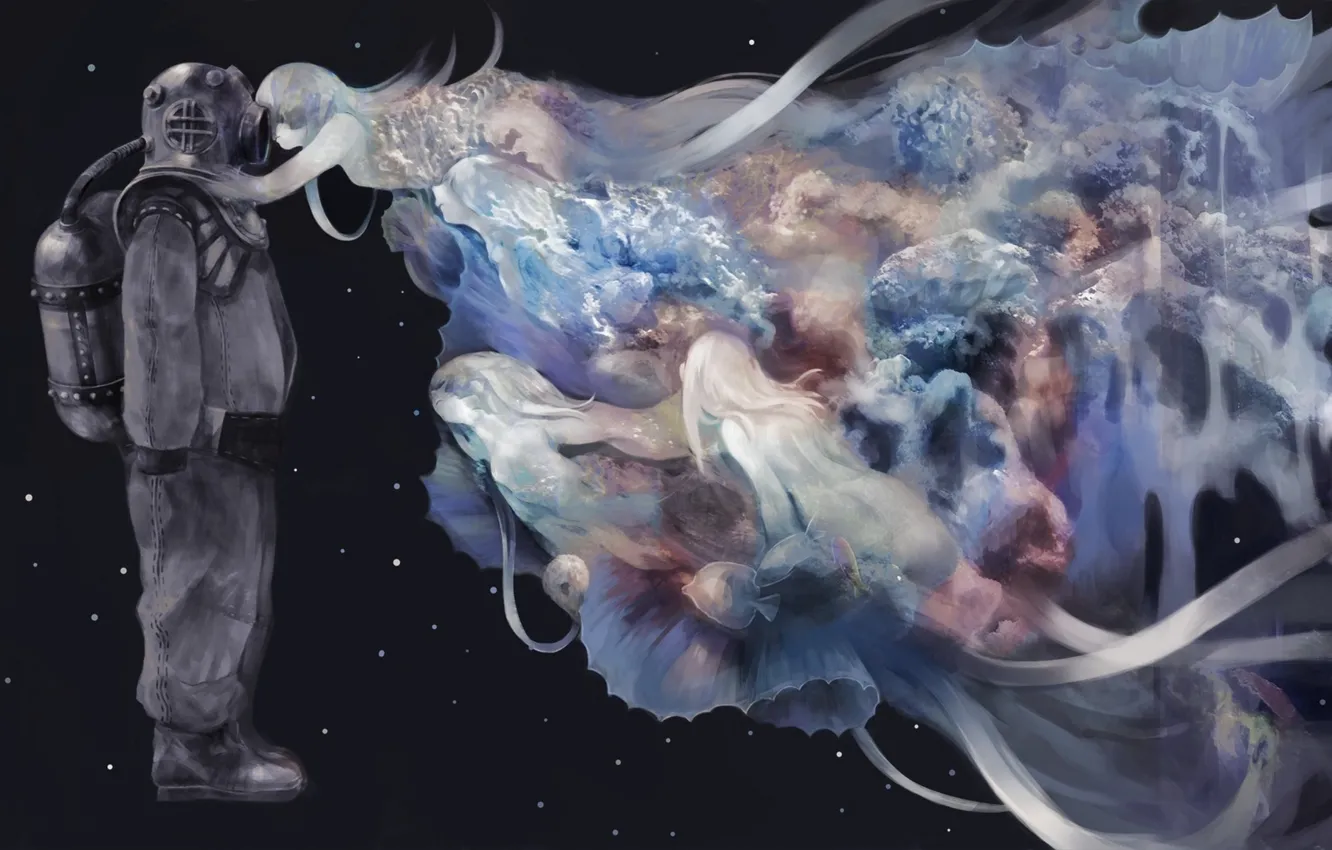 Фото обои рыбки, ленты, девушки, космонавт, аниме, скафандр, арт, kerumu